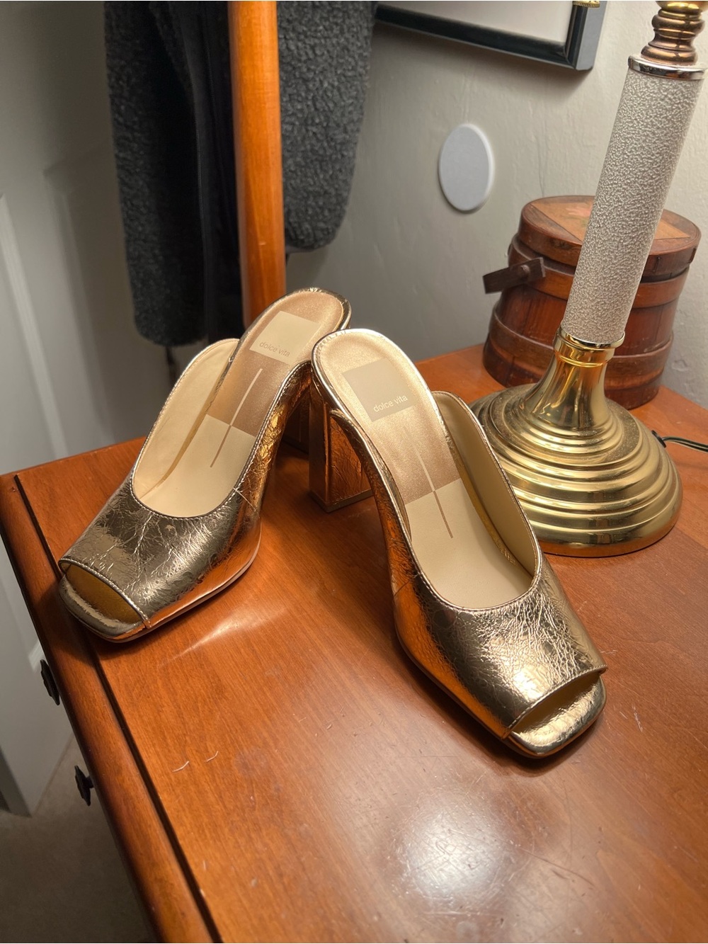 Dolce Vita Metallic Gold Peep Toe Block Heel Mules